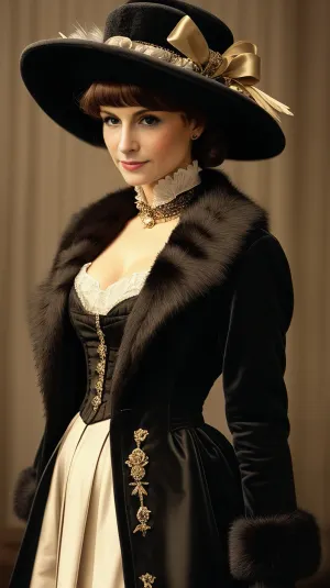 The young woman in the picture is wearing a hat with feathers, gloves made of the latest fashion of the 1880s, and a muff. Her outfit is regal and elegant, but it also has a touch of sadness