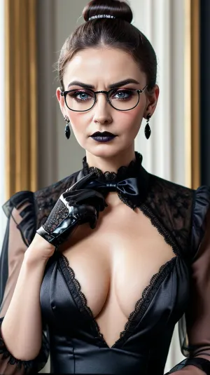 Un milf maturo di 95 anni con orecchini di diamanti e un ritratto in faccia, indossando una lussuosa fascia vittoriana con diamanti e pizzo di raso nero, guardando lo spettatore con uno sguardo intenso. Ha gli occhiali da lente rotondi perfetti ed è