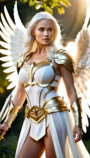 A professional photo shoot in Odiyana Archangel Battle Dress of gold fully dressed, with white wings and sword. She descends from heaven at 10 o'clock in the morning on her Odiyana Archangel Battle Dress of gold fully dressed,