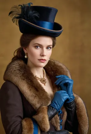 A young woman in a picture is wearing an outfit that looks like it was made for a wealthy family or perhaps for the latest fashion of the 1880s. Her outfit is elegant and sophisticated, but also slightly mysterious. She looks like she belongs to