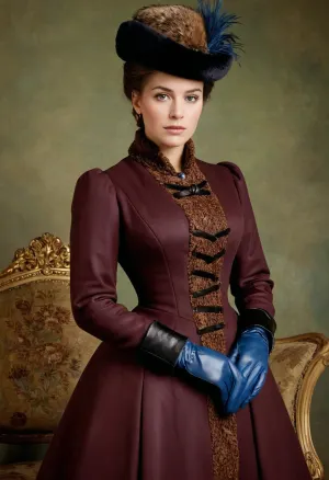 A young woman in a regal outfit, with feathers and fur, adorned with gloves made of the latest fashion of the 1880s, hints at her wealth and status as a woman of high society
