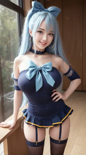KQA, the AI generated picture of a girl named KQA with her hands on her hips and a grin on her face. She is wearing a blue shirt with bow attached sleeves, huge breasts, and thighhighs. Her hair is pulled back
