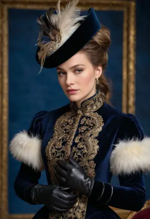 The latest fashion of the 1880s depicted in a picture depicts a young woman wearing a velvet hat trimmed with elegant light feathers, fur and ribbons, made of the latest fashion of women's clothing. She is wearing a canvas dress decorated with