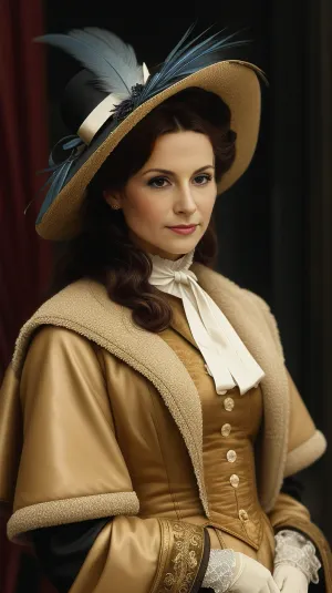 The woman in the picture is wearing a fur coat, gloves, and hat. She has a sophisticated look with her fur trimmings, velvet hat trimmed with elegant light feathers, a muff, a gold bracelet, all these are fashionable details
