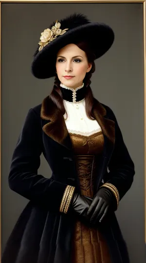The young woman in the picture is wearing a hat with feathers, gloves made of the latest fashion of the 1880s, and a muff. Her outfit is elegant and fashionable, depicting women's clothing of the 1880s