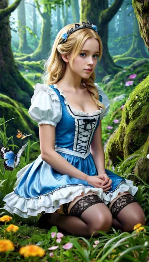 L'immagine AI-generata di migliore qualità con risoluzione massima 5k è un'illustrazione dettagliata ed espressiva di una bambina carina in un bellissimo vestito blu e bianco con volant e pizzo nero. Ha lunghi capelli biondi che scorre lungo la schiena, incanta