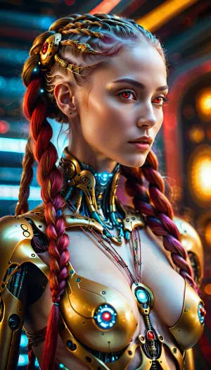 La impresionante mujer alienígena con pelo largo trenzado multicolor, cuerpo delgado, pechos grandes, detalles intrincados, ojos rojos brillantes agudos, halo y robot dorado intrincado ciberpunk le ganó el codiciado premio "Mejor Fotografía" en la ciencia ficción anual