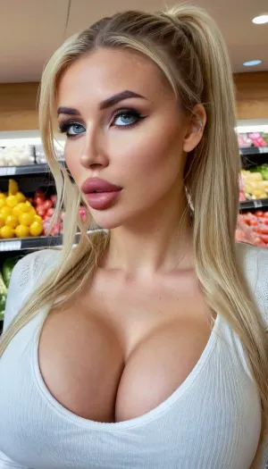 The girl stood in the supermarket, her eyes fixed on a package of AI-generated food. She was wearing a white tank top and long sleeve shirt with blue jeans. Her face was sharp and defined, with bright blue eyes that seemed to sparkle