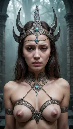 Una representación embrujada y surrealista de la cara de una mujer con tecnología AI, con una mujer enigmática con una máscara que se asemeja a un cráneo, rodeado de diseños fractales intrincados. Sus ojos están cerrados, y su boca está ligeramente abierta, revelando
