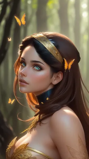 A stunning 8k portrait of a beautiful cyborg with gold butterfly filigree, forest background, and broken glass was generated by AI technology using artgerm and ruan jia's majestic digital photography