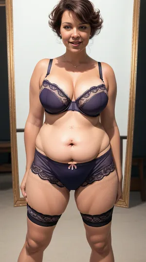 Una mujer rizada con caderas medias y cuadradas regordetas tiene un cuerpo completo con cuerpo de alta calidad de reloj de alta resolución con foto topless ultra alta en retrato de una mujer madura con la cara JS_Middle JS_Small sonrisa. Tiene muslos gruesos,