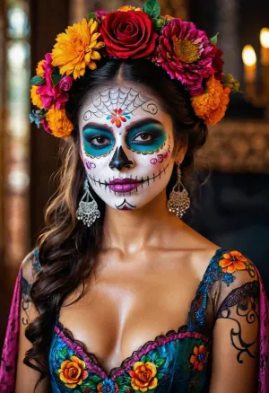 The Mexican beauty was dressed in a bright, rich color dress with filigree of bright, rich color. She had on makeup that was highly detailed and highly colored. Her skin was clear and smooth, her hair was styled in a glamorous upd