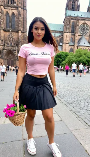 The Tahitian woman walked down the street, her pink t-shirt and black pleated skirt blowing in the wind. She had a normal body, enhanced tits, medium size pink t-shirt and black pleated skirt. Her left arm