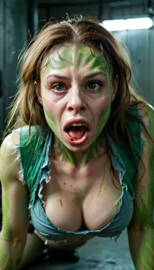 El parásito alienígena había infectado a la chica de jengibre, haciéndola convertirse en un lienzo vivo por sus deseos lujuriosos. Su cuerpo ahora estaba cubierto de venas verdes, y su piel estaba nublada y venosa. Apenas podía moverse mientras el parásito tomaba control