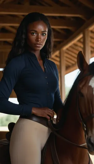 नीली आंखों और freckles पहने सवारी breeches के साथ एक काले चमड़ी घुड़सवारी, अच्छी तरह से परिभाषित tanlines और लंबे बाल के साथ barn पर उसके बड़े saggy स्तन चमकती