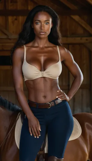 एक महिला के साथ आबनूस त्वचा, freckles, और एक सवारी breeches और अच्छी तरह से परिभाषित tanlines में बड़े saggy स्तन उसे घोड़े की सवारी बार्न में देखा जाता है