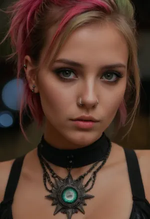 A punk girl with stunning eyes, emerald green eyes, and brilliant glistening eyes was captured in a picture with her heavily tattooed body. She had inked her chest tattoos, zipper leather boots, colorful dyed hair with dark