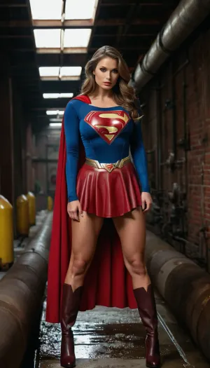 Supergirl, 슈퍼 영웅, 그녀의 전체 바디 사진에서 별장을 전투는 그녀의 bulging 정맥과 근육 다리를 밝혀. 그녀는 얼마나 강력한 그녀는 모든 움직임과 슈퍼 영웅으로