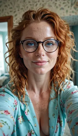 Uma menina de 35 anos com cabelo gengibre e sardas estava tomando selfies em seu espelho, olhando bonito e sexy ao mesmo tempo. Ela tinha um sorriso perfeito, topless, e olhos azuis de gelo. Seu cabelo mesquinho era sexy