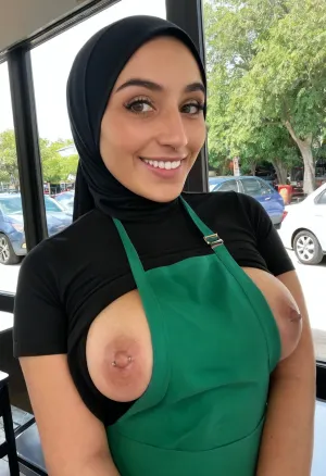 Das junge pakistanische Mädchen mit Mandeln geformten Augen und großes Lächeln nahm eine Pause von ihrer geschäftigen Schicht im Drive-Thru-Kaffeegeschäft. Sie lehnte sich an, einen Schluck ihres Kaffees zu nehmen, und offenbarte ihren athletischen Körper und schlanke Taille. Ihr Piercing grün