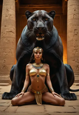 In the ancient Egyptian temple, a panther and priestess were mating in a passionate display of love. The panther's massive cock was buried deep inside her tight pussy, causing her to moan in ecstasy as she reached her climax