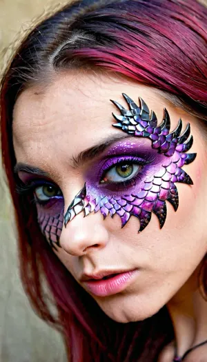 La ragazza con la ragazza drago sgualdrina stretta, iris dettagliato, doppia palpebra del drago, doppia palpebra che copre l'occhio, e la messa a fuoco completa del corpo è una foto di una ragazza di 18 anni di alta qualità con scale iridescenti bordeaux dappertutto