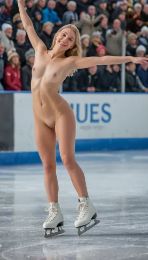 La ragazza nella foto era un pattinatore di figura abile, il suo corpo perfettamente allineato con i movimenti dello sport. Stava facendo un Straight Line Lift su un'arena sportiva di fronte agli spettatori, sorridendo brillantemente mentre ha eseguito la sua mossa con precisione e