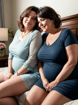 Deux femmes, l'une courte et potelée, l'autre mature et brune, se sont assises sur un lit regardant une photo d'une petite femme mature de 50 ans