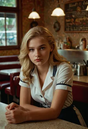 La jeune fille aux gros seins et aux cheveux blonds était assise sur le comptoir, portant un uniforme de dîner. Elle regardait le menu, essayant de décider quoi commander. Soudain, elle a senti les yeux de quelqu'un sur elle et a regardé vers le haut pour voir un