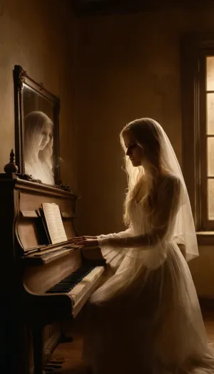 In an abandoned room, a girl plays the piano with such passion and grace that her fingers, like magic wands, extract sounds from the instrument that can penetrate the soul of a person. These sounds are like threads that connect her to the ghosts who