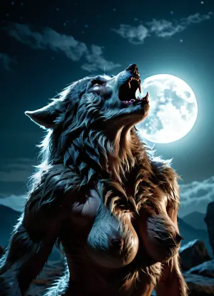 Lydia, eine Frau mit massiven Brüsten, Howls unter dem Vollmond und ihre Brüste sind so groß, dass sie kaum in ihren BH passen können