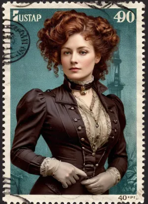 portrait, (((BODY FACING FORWARD, FRONT VIEW))), Russian woman, (40 years old:1.3), (physique:.5), (curly, lush, reddish hair:1.2), buxom, square, big, hair, (pilot's jumpsuit:1.3), (pilot's gloves:1.1), (Zeppelin in the background:1.3), (Victorian style, Vintage, Postage stamps:1.5), <lora:victoriansxl_v1:.5>, <lora:Vintage Postage Stamps:.5>