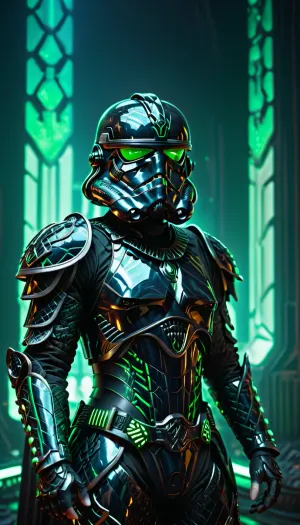 Il stormtrooper si trovava di fronte allo spettatore, la sua armatura splendente nelle luci del neon. Il suo casco era pieno corpo sparato, rivelando la sua armatura neon nera e verde. Non aveva casco, rivelando i suoi occhi luminosi e F41Arm0r