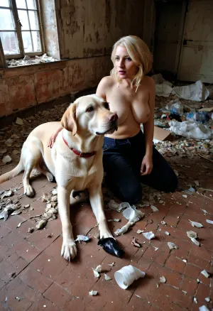 A high-quality 8K wallpaper of a naked woman sucking a big cock in an abandoned building with only trash, while the dog is licking her nipples and the floor is dirty