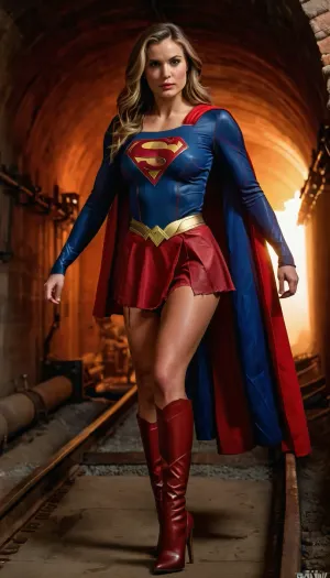 Supergirl는 암흑과 위험한 하수구 갱도에 있는 그녀의 bulging 정맥 및 ripped 근육에 키 큰, 그녀의 운동 다리 및 toned 몸을 보여주. 그녀 wears a 섹시한 빨강 puffy 스커트 그 hugs 그녀의 curves 완벽하게, capturing the full-length