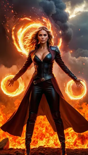 The woman with fiery hair and piercing eyes stood in the midst of a raging storm, her hands raised to the sky. She commanded the elements with precision, commanding fireballs to burst forth from her palms. Her eyes were ablaze with intensity, and