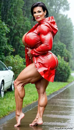Monica Martin, 一个有大胸部和肌肉的健身模特, 在雨中为自己拍照。 她的胸部被吊在胸前 臀部圆圆 身体强壮肌肉