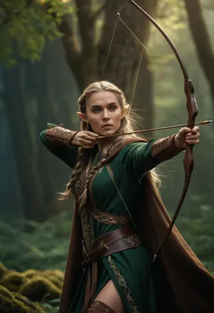 Elf ranger는 숙련 된 아치, 그녀의 긴 꼰 머리는 바람에 흐르는 그녀의 활과 화살표를 목표로. 그녀의 하이퍼 현실적인 그림 묘사 그녀의 서 키가 큰, 그녀의 경로를 건너에 dared 어떤 foe를 취할 준비