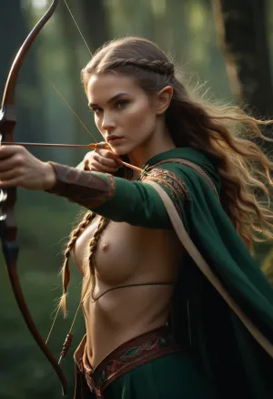 The elf ranger was skilled in archery, and her keen eyes were trained on the target. She drew back the string, aiming for a perfect shot. The arrow flew through the air with ease, piercing through the target with ease. The naked