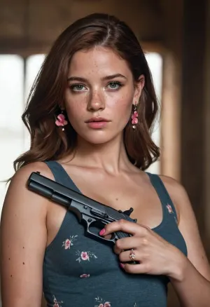The girl held her gun with precision, as she looked at the viewer with piercing brown eyes. She had a tattoo on her upper body, and long hair that flowed down to her waist. Her fingernails were painted in a medium-breasted