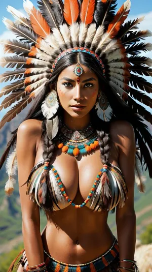 A stunning portrait of a young woman wearing a feathered headdress and feathers, captured in a lush greenery setting, conveys the beauty of indigenous women