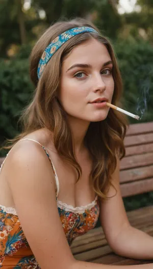 The vintage charm of the photograph is best captured in a timeless masterpiece that evokes the 60s counterculture. The photograph's dreamy blend of nostalgia and modern sensibilities creates an atmosphere of decadence and seduction, inviting viewers to join the
