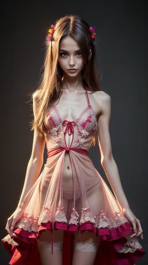 Ein hyper-realistisches 18-jähriges Modell mit perfekter Körperzusammensetzung, keine Unterwäsche unter dem Kleid, keine Unterwäsche sichtbar, Rüschen und Bänder auf dem Nachtkleid, stehend auf kristallklarem Fokus mit hellen Lichtern und Schatten in einem