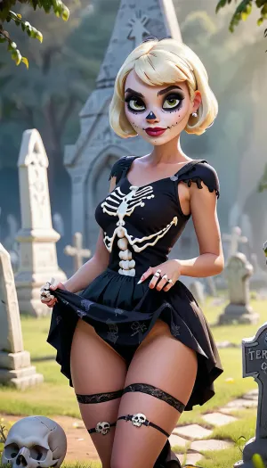 Uma menina mexicana em um traje de esqueleto sexy fica na frente de um cemitério, posando para a câmera com saia curta e platina loira pixie corte cabelo. Ela está usando uma roupa sexy e demeanor brincalhão, adicionando ao gótico geral