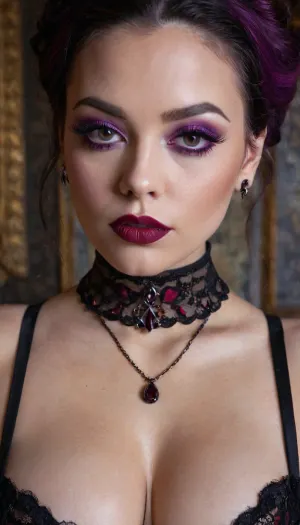 Una mujer con senos falsos, maquillaje y lápiz labial rojo / púrpura fue fotografiada en interiores con iluminación oscura