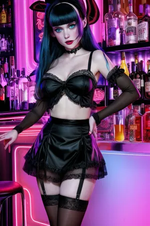 Alice de Wonderland entró en un bar y ordenó una bebida, pero cuando se dio la vuelta, dos grandes orcos de neón aterrador se acercaron a ella. Preguntaron si quería unirse a ellos para divertirse, y Alice estuvo de acuerdo. La llevaron los dos