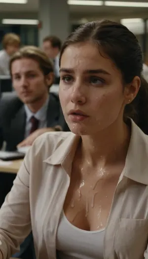 La joven en la imagen está tratando de concentrarse en su trabajo, pero sus colegas siguen dándole una mirada extraña. Tiene una corteza visible de líquido blanco en su mejilla, que está tratando de ignorar. Algunos de sus colegas parecen sospechosos, mientras