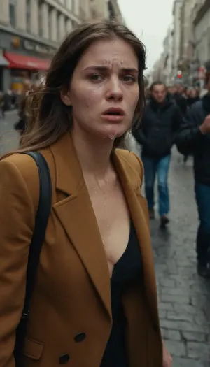 The young woman's discomfort is evident in her expression, as she tries to wipe the white liquid off her cheek with a tissue. Despite the discomfort, she continues to walk through the busy city street, trying to blend in with the crowd