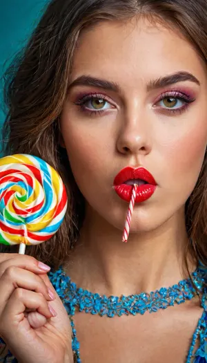 The young nymph with her pouting lips and glossy photoshoot for a magazine. She was in the middle of a shoot, and the photographer had asked her to pose with a lollipop. She did as she was told, lic