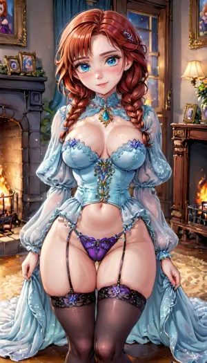 The picture of Anna from Frozen with text "18-year-old Anna from Frozen, generating" standing in a cozy fireplace room with a luxurious furnishing and intricate décor. She is wearing an exquisite lingerie set that barely covers her medium-sized